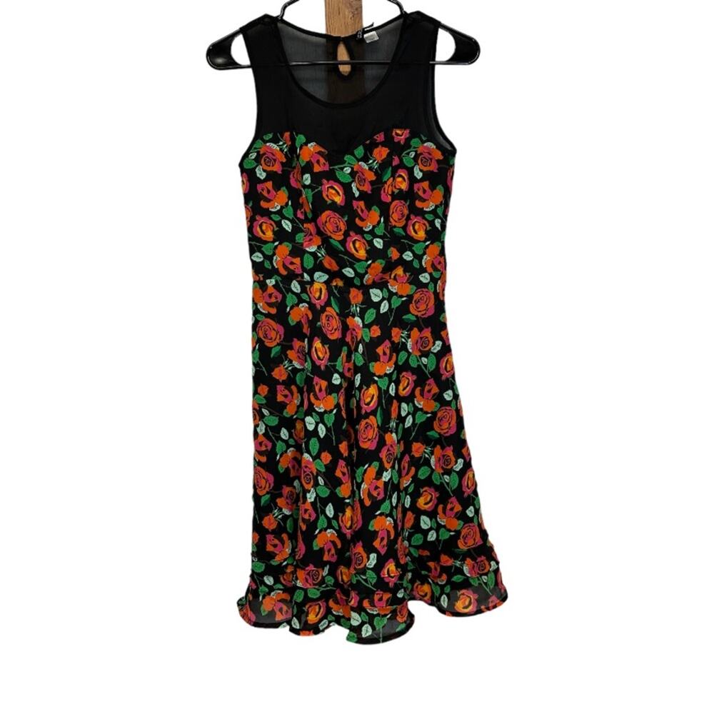H&M Divided Black & Orange Floral Rose Print Sleeveless Dress Size 4